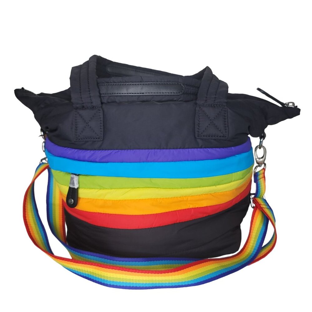 Sondra Roberts Squared Black puffer Tote Bag With Rainbow Stripes & long Strap